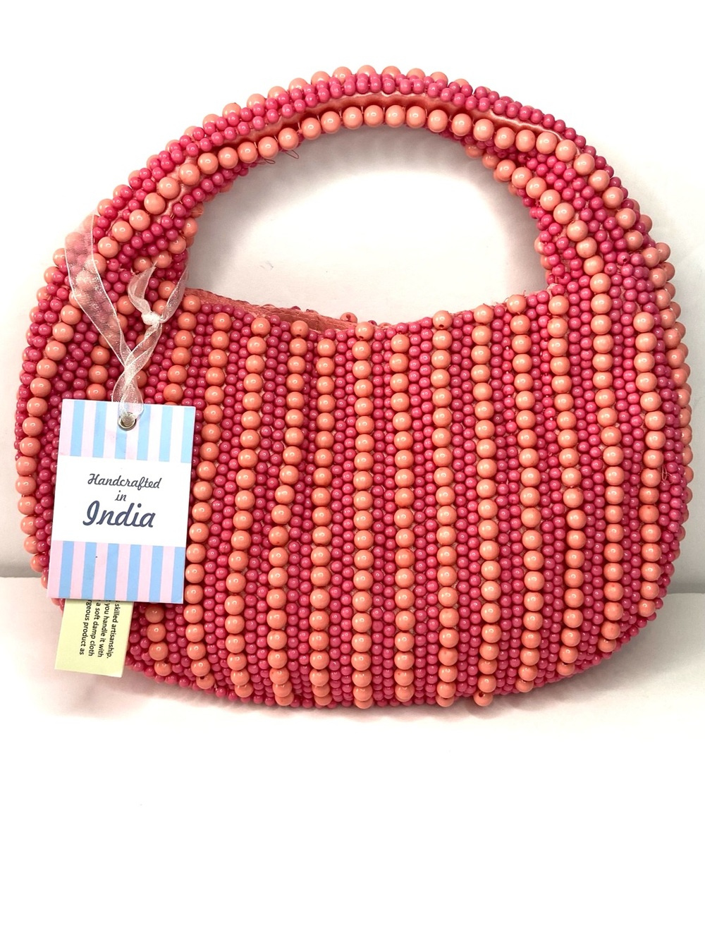 Handcrafted Beaded Coral Pink Clutch from India